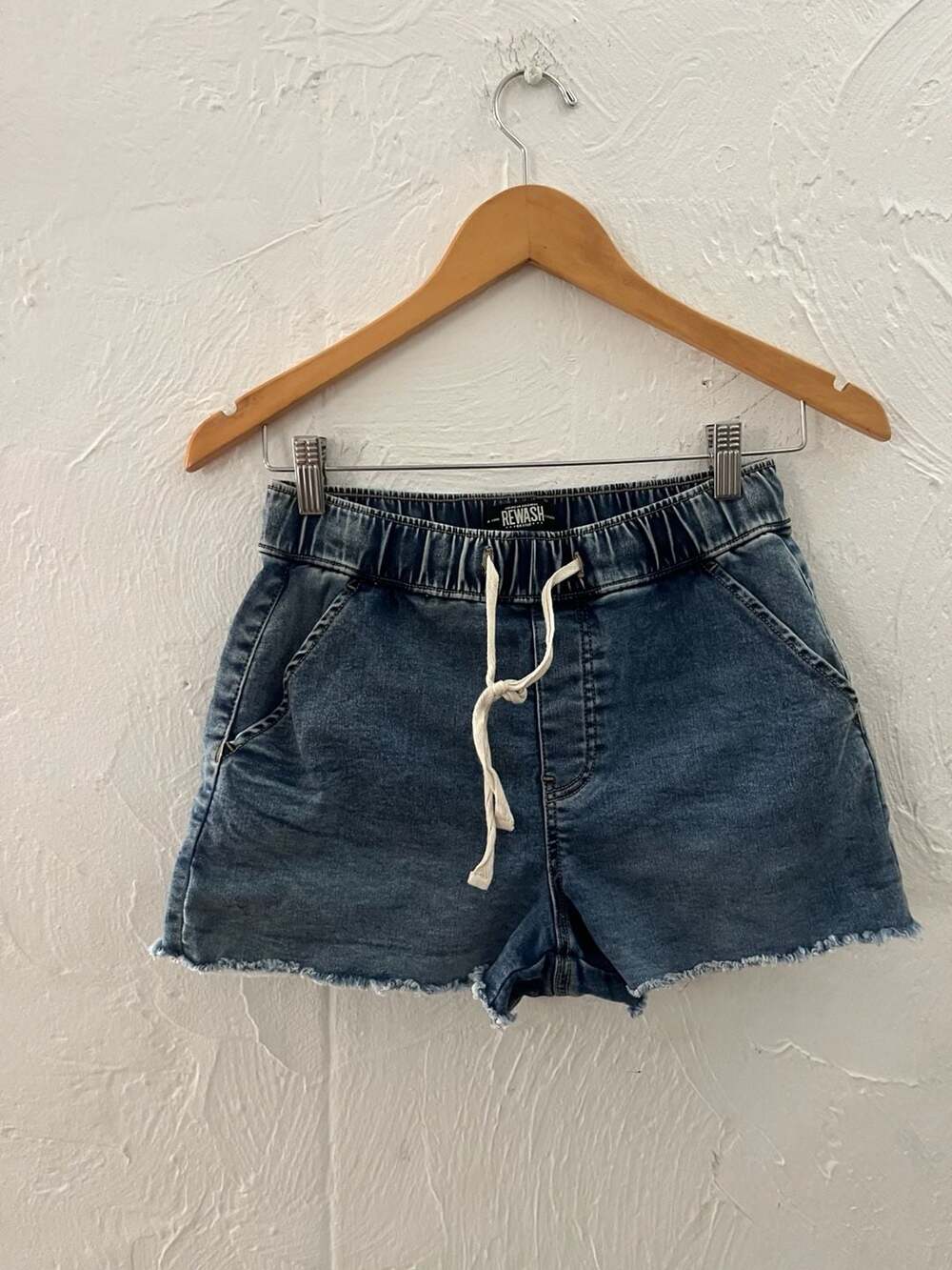 Rewash Denim Pull-On Drawstring Shorts with Raw Hem